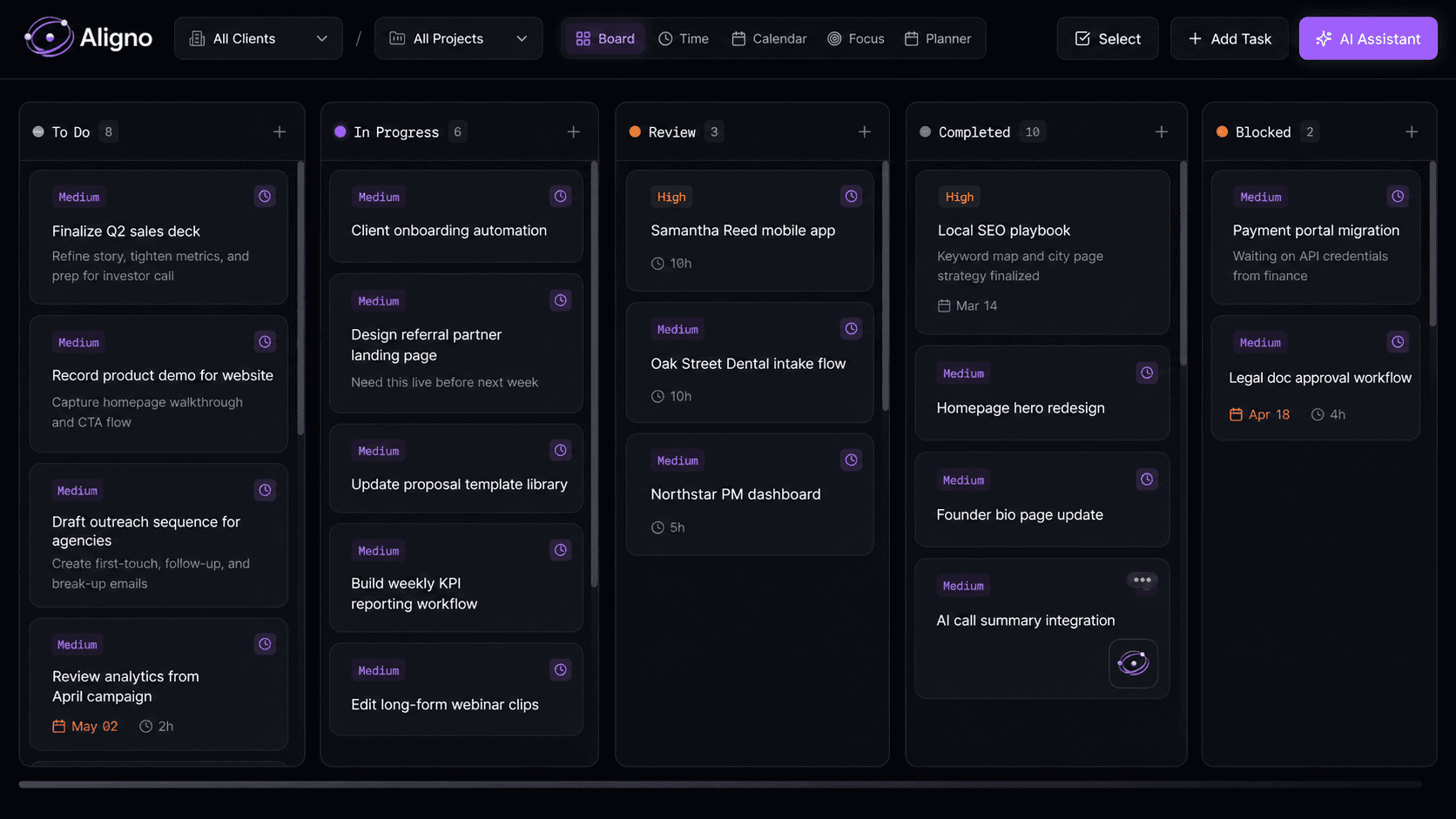 Aligno project management board showing kanban columns with tasks and time tracking
